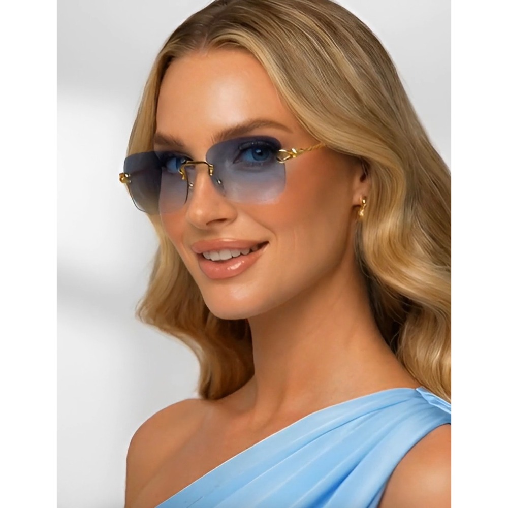 Gold Rimless Rectangle Women Sunglasses Blue Gradient Lens Twisted Rope Temple